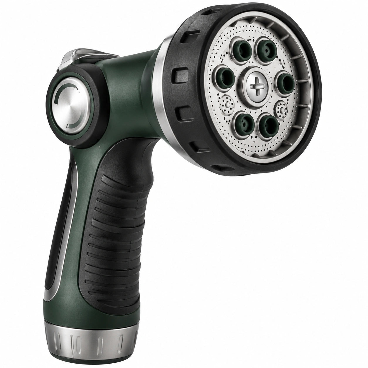 Testa irrigatore a pistola 20 cm in plastica e metallo verde nero con 6 ugelli regolabili