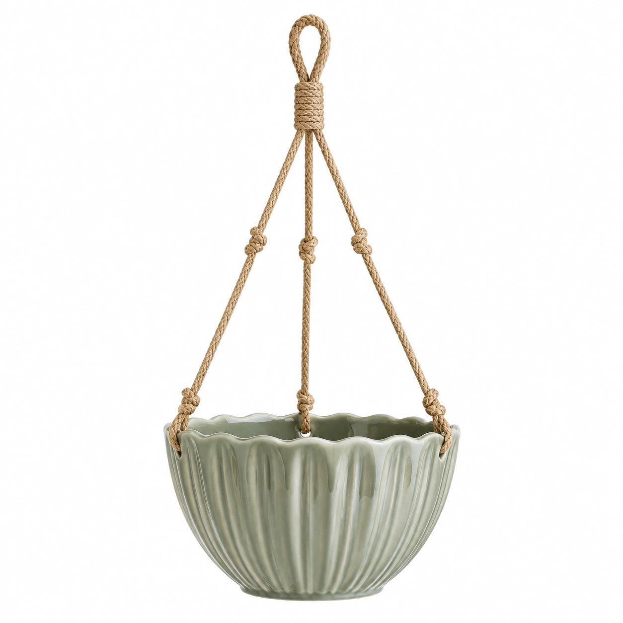 Vaso sospeso Ø 20 cm in ceramica verde salvia con corda intrecciata per piante da interno