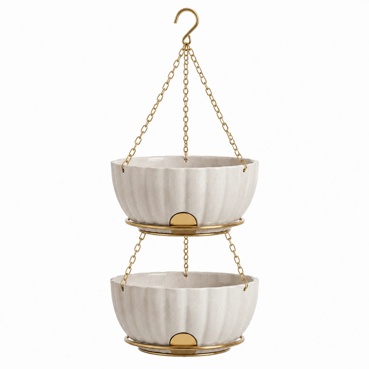 Fioriera sospesa a 2 livelli 25 cm in ceramica beige con catene in metallo dorato