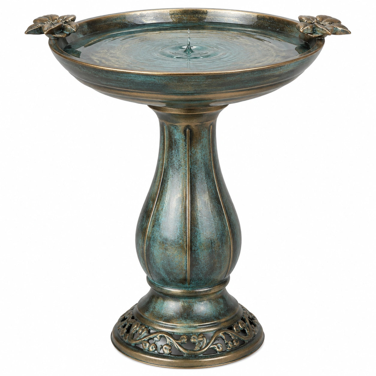 Bagno per uccelli da giardino Ø50 cm in metallo verde bronzo con piedistallo decorativo