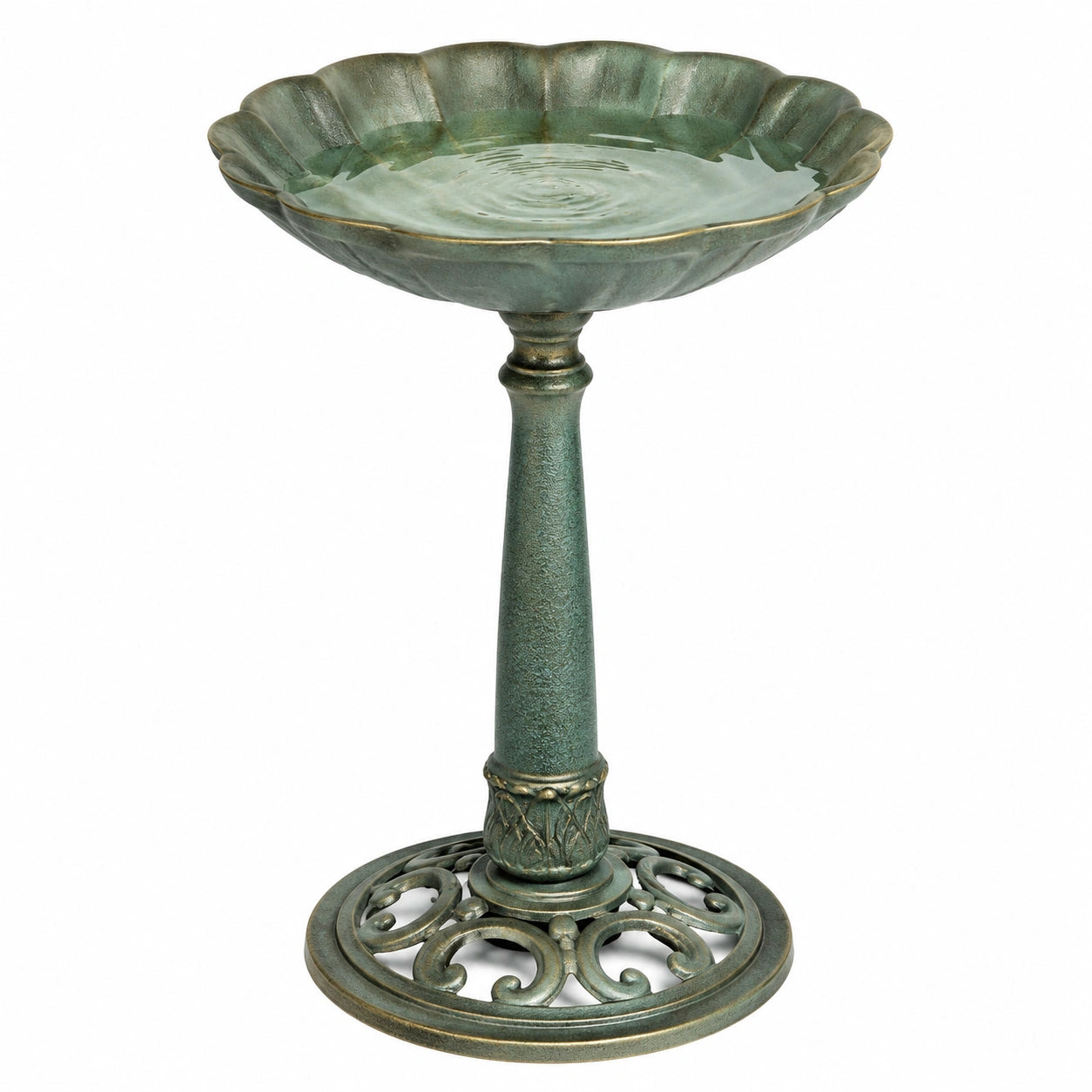 Bagnetto per uccelli da giardino in metallo verde diametro 50 cm con piedistallo decorativo