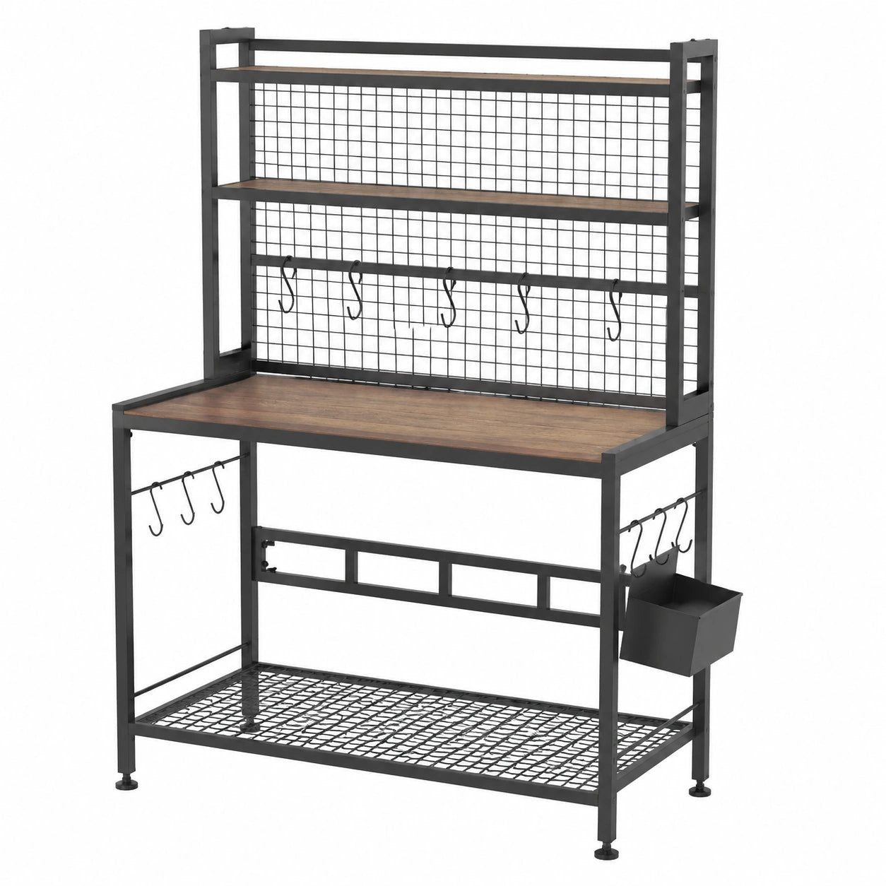 Banco da giardinaggio 100 x 50 x 150 cm in acciaio nero e legno marrone con ripiani e ganci