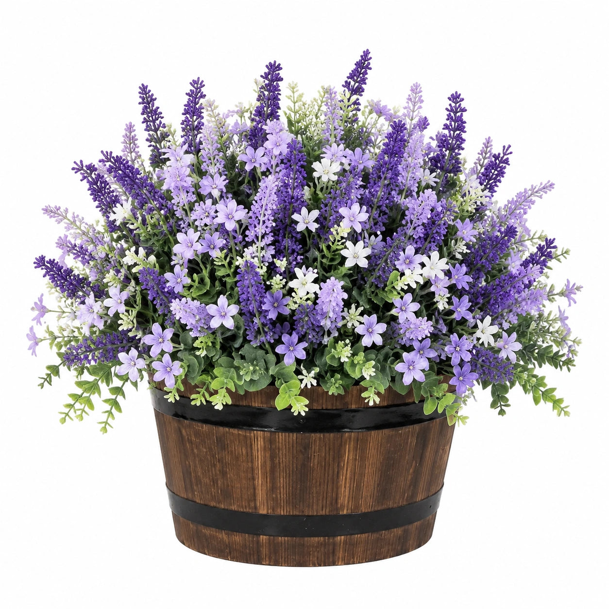 Pianta artificiale in vaso 48 cm in plastica viola lilla bianco con vaso in legno decorativo