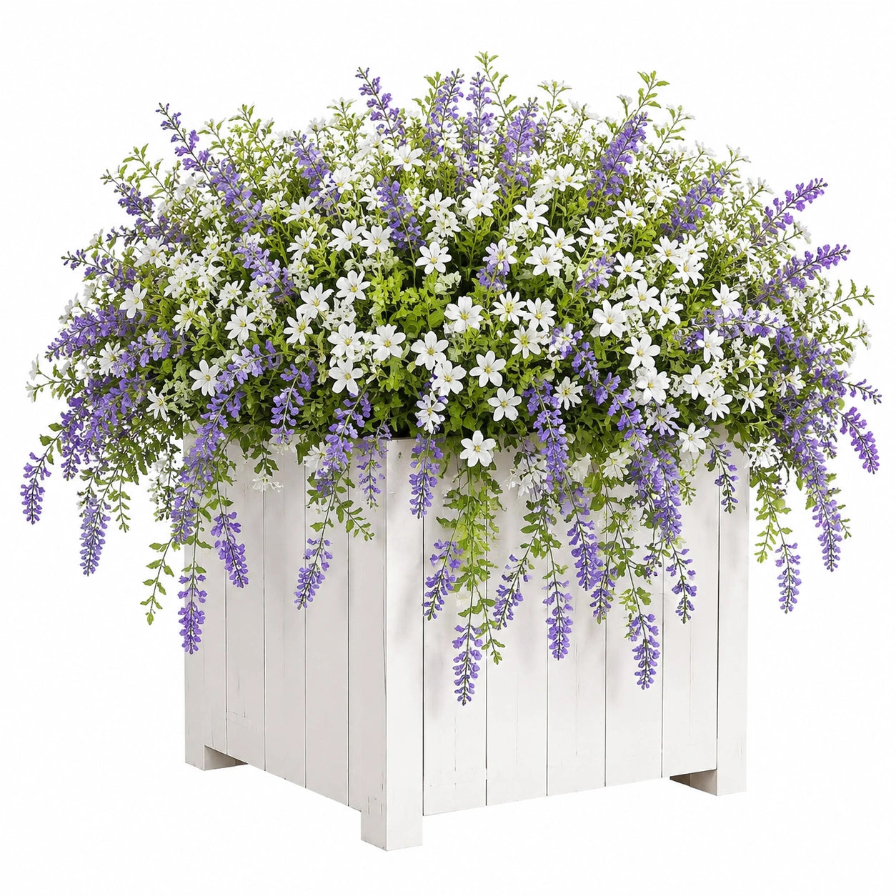 Fioriera con fiori artificiali 100 x 30 x 95 cm in legno e plastica bianco viola decorativa