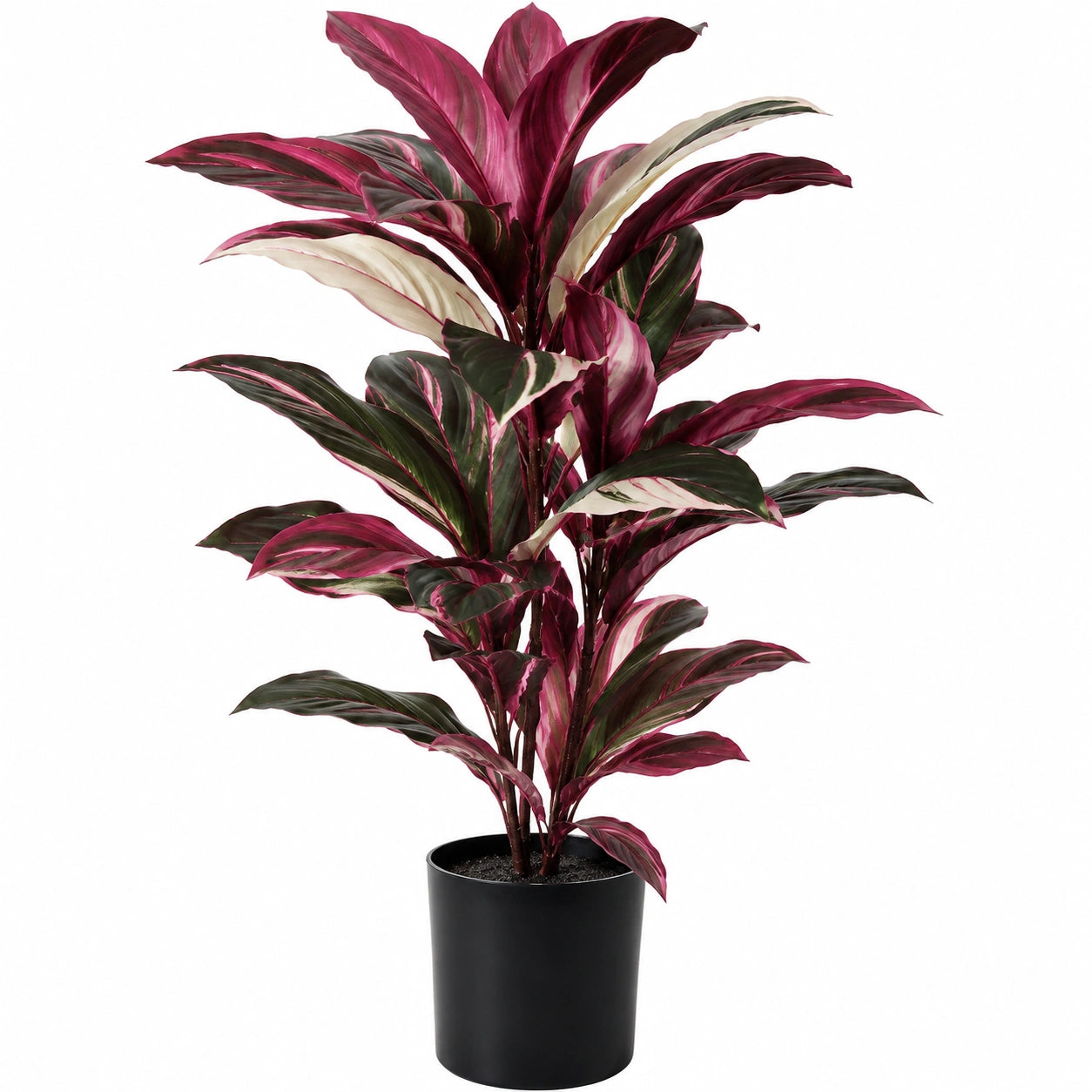 Pianta verde artificiale 150 cm in tessuto e plastica bordeaux verde e crema con vaso nero per interni